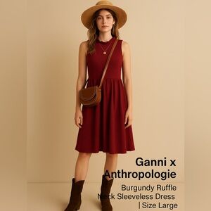Ganni x Anthropologie Pinnacle Burgundy Ruffle Neck Sleeveless Dress Size Large